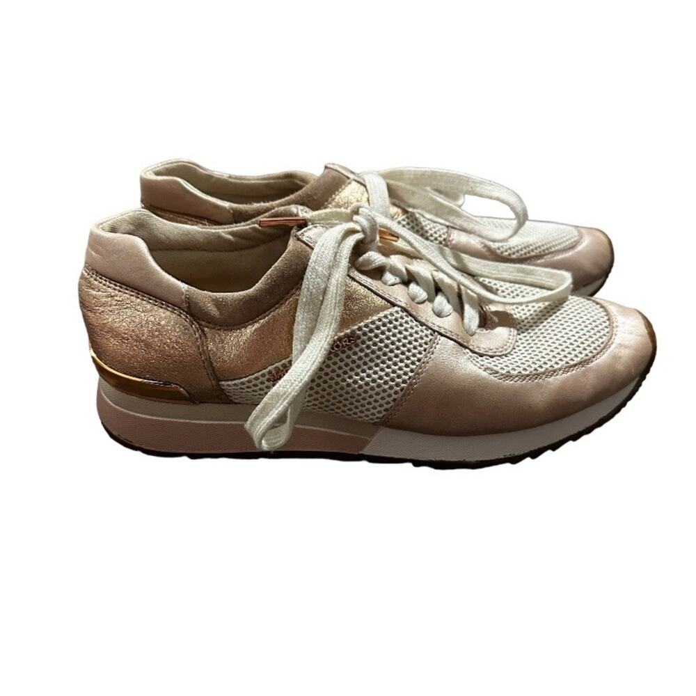 Michael Kors MK Allie Trainer Leather Pink Gold Sneaker Shoes Size 8